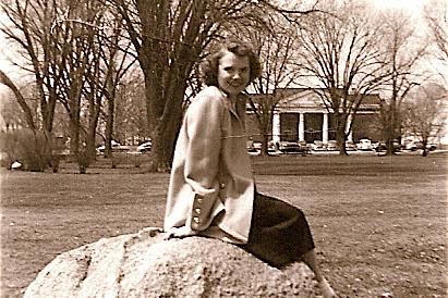 Kathleen (Peterson) Bradley is shown sitting on Kissing Rock at the Illinois campus, where she and husband Harry Bradley '53 attended.